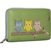 Woodland Leathers Portafoglio da donna dal design italiano, porta carte e organizer per denaro, spazioso, super morbido e fantasioso, borsa da donna con scomparti multipli, Gufi Verde, 10x15.5 cm