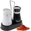 INHEMING 2 Pezzi Saliera e Pepe con Supporto, Porta Sale Pepe Acciaio Inox, Shaker in Vetro Vintage Bianco e Nero per la Cucina, Viaggio, Camper, Barbecue 120ml