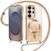 ZhuoFan Magnetica Custodia per Samsung Galaxy S25 Ultra 5G 6,8 con Cordino, Glitter Sfumato Case Compatibile con MagSafe Trasparente Aesthetic Motivo Cuore Disegni Cover Protezione con Collana,Oro