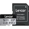 Lexar Scheda di memoria professionale Silver Plus microSDXC da 512 GB con adattatore SD, UHS-I, C10, U3, V30, video Full HD e 4K, fino a 205/150 MB/s in lettura/scrittura, per videografi e giocatori
