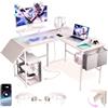 VidaTeco Scrivania da gioco a forma di L con prolunga, scrivania angolare intelligente per computer con luci LED e prese di corrente, supporto per monitor, borsa portaoggetti, per il lavoro (Blanco, L 150cm)