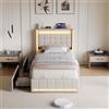 BIYFSDS Letto matrimoniale imbottito 90 x 200 cm con LED e USB/tipo C, letto baule 90 x 200 con 2 cassetti per riporre oggetti, telaio letto imbottito per 2 persone con rete a doghe per adulti (Beige-3, 90 x