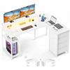 YOUDENOVA Scrivania con 4 Cassetti, 142x107 cm, Scrivania Angolare Reversibile con LED e Presa, Scrivania Gaming a L con Supporto per Monitor, Spazio di Archiviazione, per Home Office e Gamer, Bianco