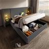 Moimhear Letto imbottito 180 x 200 cm, comodino, lampada da lettura e ricarica USB C, rete a doghe legno massiccio e metallo, lino grigio