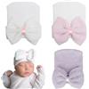 AQOKKA Cappelli per neonata con Fiocco, in Cotone, Senza graffio, per Neonati da 0 a 3 Mesi, Confezione da 3 Cappelli: Fiocco Bianco e Rosa e Bianco Viola, 1 Mese