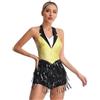 YiZYiF Abito da Ballo Latino da Donna Frange Abito da Salsa Tango con Paillettes Senza Maniche Vestiti Ballo Samba Rumba Competizione Vestito da Danza Classica Jazz Giallo XXL