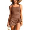 SHEKINI Costume da bagno da donna a costine con slip monopezzo controllo pancia costume da bagno gonna girocollo costume da bagno, Marrone rame., M