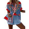 famesale Stampa Artistica Novità Set Abbinato Tropicale per Donna Camicia Grafica e Pantaloncini con Cuore Floreale Astratto e Paesaggio Set 2 Pezzi Abbigliamento Boho per Vacanza a Hawaii