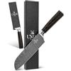 UMAI Coltello Santoku 18 cm (7) - Coltello da cucina giapponese in acciaio inossidabile 7Cr17MoV con motivo Damasco - Manico ergonomico in legno Pakka, lama alveolata - Custodia protettiva inclusa