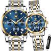 OLEVS Coppia di orologi al quarzo per coppie, con calendario luminoso, datario, 3 ATM, impermeabili, casual, in acciaio inox, per uomini e donne, amanti del matrimonio, regali romantici, set di 2, oro