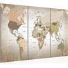 Runa Art Mappa Del Mondo Quadri Soggiorno Grande Beige Continenti 120 x 80 cm 3 Pezzi Decorazione Murale 023331b