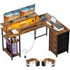 YOUDENOVA Scrivania con 4 Cassetti, 142x107 cm, Scrivania Angolare Reversibile con LED e Presa, Scrivania Gaming a L con Supporto per Monitor, Spazio di Archiviazione, per Home Office e Gamer, Marrone
