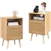 COSTWAY Set di 2 Comodini da Camera da Letto, Comodini in Legno con Porta in Rattan, Scomparto Aperto e Gambe in Legno Massello, Comò Moderno per Soggiorno e Studio, 40 x 39 x 70 cm (2, Naturale)