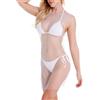 Wisafory Abito da donna a rete con strass, sexy, in rete trasparente, senza maniche, con strass, da spiaggia, con scollo rotondo, costume da bagno, copertura bianca, 135 cm