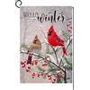 JIMOWANG Bandiera da giardino con uccelli cardinali invernali, 30,5 x 45,7 cm, verticale su entrambi i lati, alberi di fattoria, neve, Natale, vacanze, decorazioni esterne in iuta