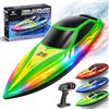 Cirmine Barca Telecomandata RC 15 km/h con 7 Modalità LED Multicolore, 2.4GHz con Auto-Flip, Avviso Batteria e Fuori Portata, 2 Batterie Ricaricabili, per Piscina e Lago, Regalo per Ragazzi e Ragazze.—verde