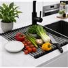 Generico EQTECH Scolapiatti da Appoggio Su lavello, Pieghevole in Acciaio inossidabile 304, Arrotolabile, Sopra Lavello, Organizer Cucina Salvaspazio, Antiruggine con Bordi in Silicone.Nero.