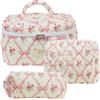 Kexpery Set di 3 trousse per il trucco portatile di grande capacità trapuntata coquette borsa da toilette in cotone estetico per viaggi all'aperto, rosa, 9.84*6.3*6.3inch, Casual/Bellezza/Moda