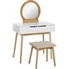 HOMCOM Toeletta Design Scandinavo con Specchio, 2 Cassetti e Sgabello Bianco e Pino Chiaro