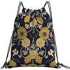 Generic con Coulisse Coulisse Tasche Navy Blue Teal Cream & Mustard Yellow Dark Flower Pattern Sacco Sportive Unisex Zaino Sportivo per Nuoto Viaggi Piscina 36X42Cm