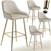 tectake® Sgabello da bar con schienale, set da 4 sgabelli alti in velluto con poggiapiedi perimetrale, gambe in acciaio zincato, piedini regolabili antiscivolo, per bar e penisola cucina - Crema/Oro