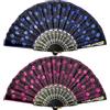 Theaque 2 ventagli pieghevoli in tessuto con paillettes, ricamati, con bordo in pizzo, a forma di pavone, in plastica, da donna, realizzati a mano (blu reale, rosso rosa)