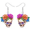 DUOWEI Spooky Day of the Dead Skull Orecchini pendenti Regali di Halloween per le donne, design corona di fiori di rosa, gotico costume di Halloween vacanza strani accessori, Medio, Acrilico Acciaio