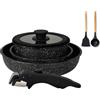 BOREINE Set di Pentole e Padelle 7 Pezzi, Batteria Pentole Antiaderente Senza PFOA e PTFE, Manico Removibile, Compatibile Induzione, Gas, Forno e Tutti i Piani Cottura, Nero