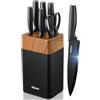 Yabano Set Coltelli da Cucina 7 Pezzi con Ceppo in Plastica e Affilatore Integrato, Lame Antiaderenti e Antiruggine in Acciaio Inox (Nero)