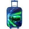NoBoringSuitcases.com® Valigia Blu Per Bambini Compatto 48x31x19 cm Bagaglio Ultraleggero Trolley A Mano Rigidi LED Ruote Valigie Neonato - Ragazzo - Auto sportiva - Verde - Neon