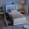 BRILVERDE Letto imbottito 90x200 con Contenitore, letto singolo con USB e LED, letto con cassetti, letto funzionale con testiera, struttura letto con rete a doghe, Lino (Beige, 90 x 200 cm)