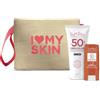 Generico Kit solare con protezione 50+ viso antietà (50ml) e stick viso e zone circoscritte ideali per cicatrici, nevi, tatuaggi, senza profumo e conservanti in un apratica pochette in paper