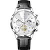 Poedagar Orologio da polso da uomo di lusso, al quarzo, impermeabile, luminoso, cronografo, in pelle, sportivo, business, classico, da uomo, Argento Bianco