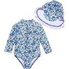 BONVERANO Costume Intero Bambina Manica Lunga Protezione UV 50+ con Cuffia(Blu-White,9-12m)…