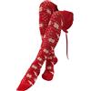 Qkiome Calze da donna natalizie a vita alta in maglia a contrasto di colore con fiocco di neve stampa sopra il ginocchio calze invernali calde calze lunghe con fiocco in raso decorazione, Rosso,