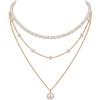 GHKJOK Collana a catena a triplo strato color oro con ciondolo di perle finte, girocollo regolabile a lunga collana da donna, set regalo di gioielli vintage, in confezione regalo, 45cm, Metallo, Non