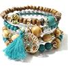 GAUEIOUR Bracciale con perline Boho, braccialetto multistrato in legno, braccialetto con nappe, set di braccialetti elastici (set di quattro pezzi blu pavone), Argento sterling