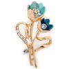 Avalaya Spilla a forma di tulipano color foglia di tè/azzurro con cristalli color oro, lunghezza 55 mm