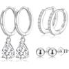LYTOPTOP Set di 3 paia di orecchini a cerchio da donna, in argento Sterling 925, con zirconia cubica, ipoallergenici, idea regalo, 8mm, 4mm, 20mm, Argento sterling, Zirconia cubica