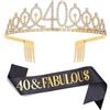 Dimetey Set Diadema in Oro Nero '40 & Fabulous' Con Fascia e Strass - Regalo per 40° Compleanno da Donna, Tiara e Decorazione per Festa (Nero)