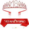 Xihuimay Red 18th Birthday Tiara Sash per ragazze Principessa Corona Cristallo Regina Tiara Compleanno Fasce Buon Compleanno Decorazioni Compleanno Fascia Tiara Kit Ragazza Compleanno Abbigliamento Accessori