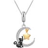 ZakiaHo Collana placcata in argento/placcata oro/gatto nero con ciondolo a forma di luna e stella, gioielli per donne, regali di compleanno, collane delicate e regolabili a forma di cuore, Acciaio