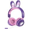 Yunseity Cuffie per Bambini, Cuffie Bluetooth 5.0 con Orecchio di Coniglio, Cuffie Wireless Pieghevoli con Luce LED Sopra L'orecchio, Supporto TF/AUX, Regali per Bambini, Bambini Piccoli, Adolescenti(Viola)