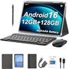 Crelander Tablet Android 16 da 10,1 pollici, 12 GB + 128 GB, batteria da 5000 mAh, touch screen 1280 x 800, Bluetooth/WiFi, con custodia, tastiera, mouse e pennino capacitivo (grigio)