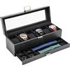 ProCase Scatola per orologi con 6 scomparti, con coperchio in vetro, 2 livelli, con cuscino rimovibile, per gioielli, anelli, bracciali e collane, colore nero