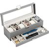 ProCase Scatola per orologi con 6 scomparti, con coperchio in vetro, 2 livelli, con cuscino rimovibile, per gioielli, anelli, bracciali e collane, colore grigio