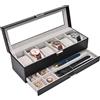 ProCase Scatola per orologi con 6 scomparti, con coperchio in vetro, 2 livelli, con cuscino rimovibile, per gioielli, anelli, bracciali e collane, colore nero