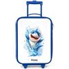 NoBoringSuitcases.com® Valigia Blu Per Bambini Compatto 48x31x19 cm Bagaglio Ultraleggero Trolley A Mano Rigidi LED Ruote Valigie Neonato - Ragazzo - Squalo - Denti - Acqua