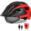 FUNWICT Casco Bici per Uomo Donna Adulto, Leggero MTB con Visiera Rimovibili Occhiali Magnetici e LED Luce Ricaricabile, Ciclismo da Corsa (L: 57-61 cm, Nero Rosso)