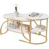 DIYHOM Set di 2 tavolini rotondi e ovali, con vano portaoggetti, effetto marmo, telaio in metallo, tavolo da salotto, tavolino da caffè, bianco e oro